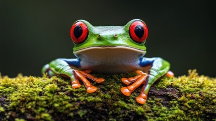 Close-up of a vibrant red-eyed tree frog resting on moss-covered log.