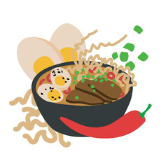 A Vector Illustration of Ramen Soup in a Black Bowl with Meat, Egg, Noodles, Spring Onions, Chili, and Black Sesame