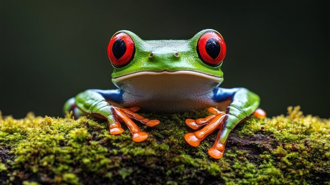 Close-up of a vibrant red-eyed tree frog resting on moss-covered log.