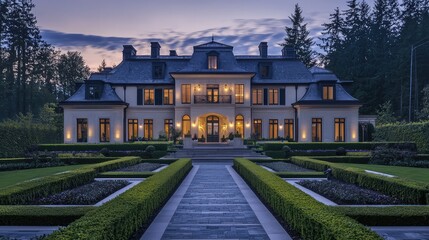 Fototapeta premium Elegant mansion with landscaped gardens at twilight
