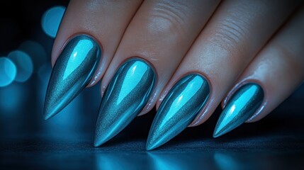 Close-up of beautifully manicured nails with a deep blue, chrome-like finish.