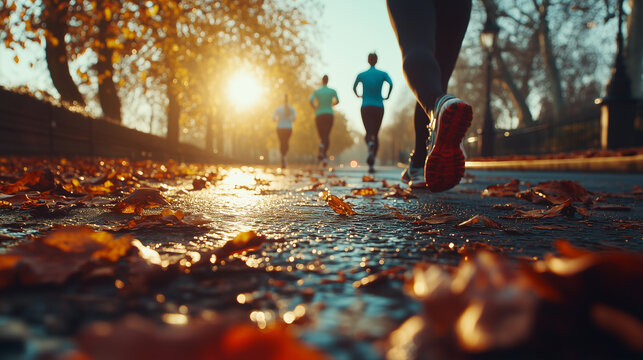Friends enjoy jogging together in a park during a sunny autumn afternoon