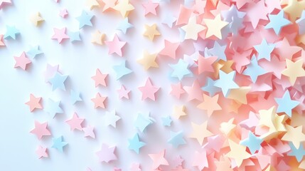 A whimsical composition of pastel-colored stars showering down over a bright white background, perfect for children's themes and dreams.