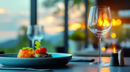 Naklejka premium Elegant gourmet dish served in a fine dining restaurant with sunset view
