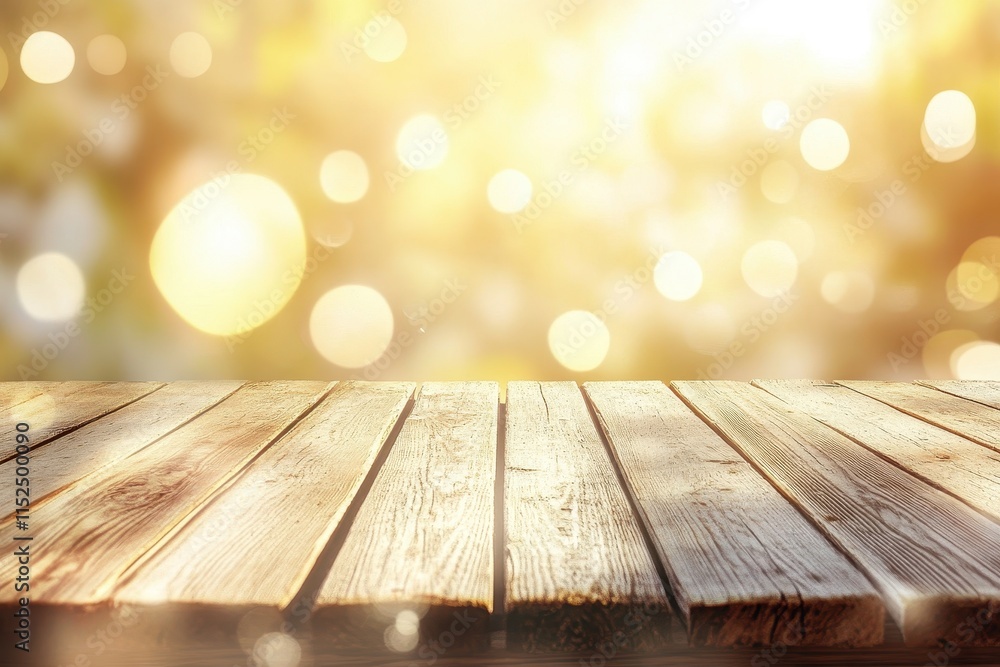 Poster empty wooden table with bokeh background.