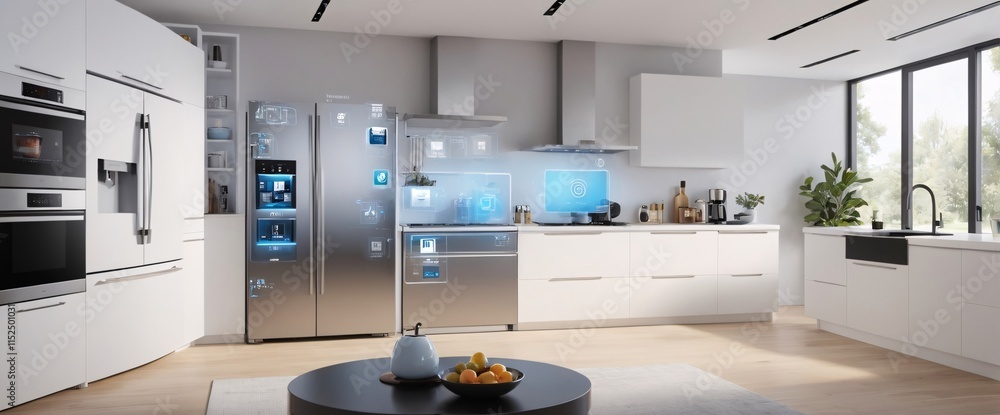 Poster illustrate the concept of the internet of things with an image of a smart home, featuring various co