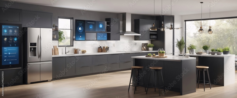 Poster illustrate the concept of the internet of things with an image of a smart home, featuring various co