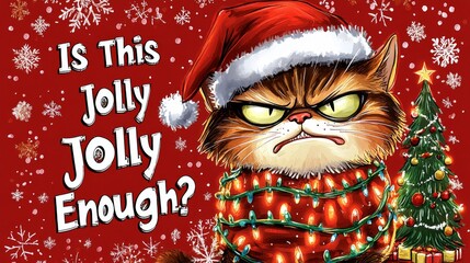A pouting cat in a Santa hat is wrapped in Christmas lights, delivering a humorous take on finding joy during the holiday season with grumpy flair.