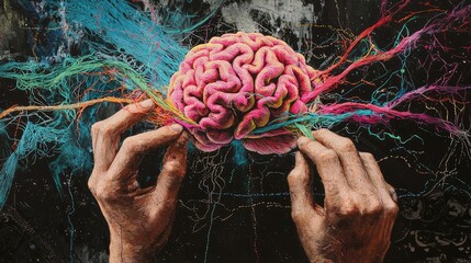 The intricate threads of consciousness: A mesmerizing artwork depicting a human brain delicately cradled by hands, interwoven with vibrant, ethereal threads representing thoughts and connections.