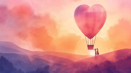 Obraz premium Heart Shaped Balloon Rising Over Sunset Hills