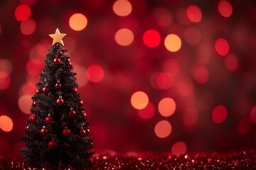 This photo showcases a small Christmas tree beautifully decorated with red baubles and topped with a golden star, with radiant red lighting in the background.
