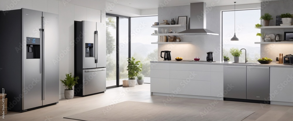 Poster illustrate the concept of the internet of things with an image of a smart home, featuring various co
