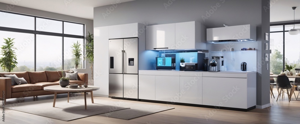Poster illustrate the concept of the internet of things with an image of a smart home, featuring various co