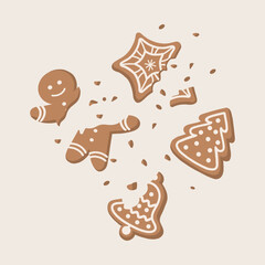 Crumbled and bitten Christmas cookies. Vector