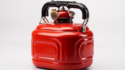 Fototapeta premium Red gasoline canister with handle,, studio view, isolated on white background.