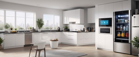 illustrate the concept of the Internet of Things with an image of a smart home, featuring various connected devices and appliances, shot from a low angle with a wide-angle lens