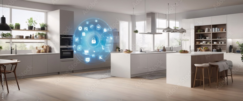 Poster illustrate the concept of the internet of things with an image of a smart home, featuring various co