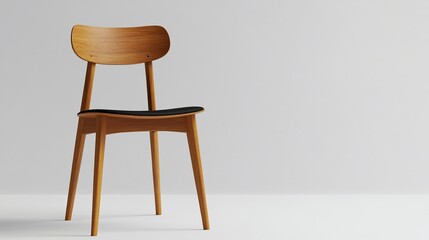 Modern wooden chair with black seat on white background.