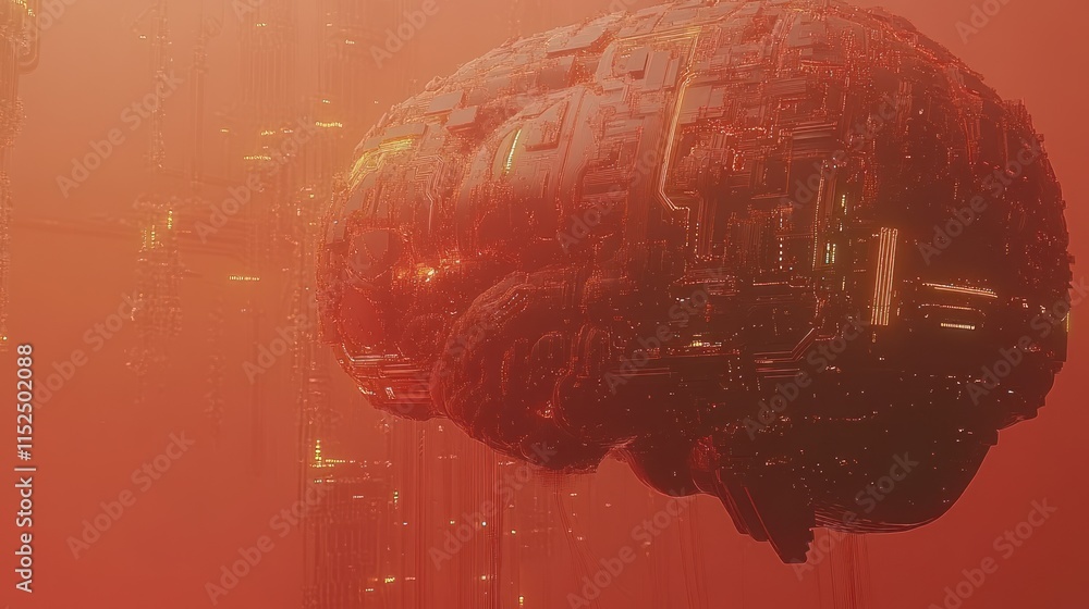 Poster futuristic 3d rendering of a giant brain-like structure, glowing circuits, red ambient light, sci-fi