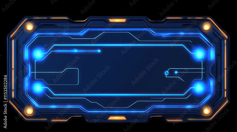 Poster futuristic blue and orange digital interface panel with glowing lines and circuits.