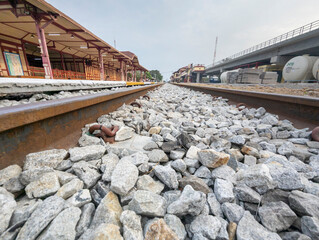 Close up of Railway tracks and stone ballast,Hua Hin railway station,Thailand.