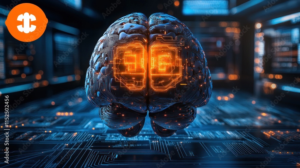 Poster futuristic brain with integrated circuit board, representing artificial intelligence and neural netw