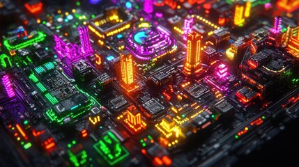 Obraz premium Futuristic city lightscape, vibrant neon colors, digital art.