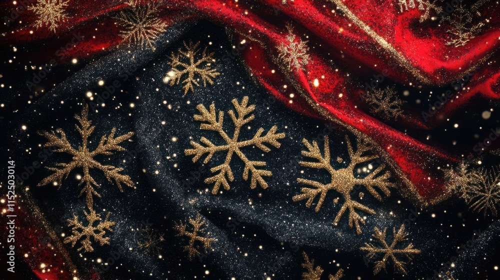 Poster a chic christmas abstract featuring metallic red and gold textures, accented with glowing snowflake 