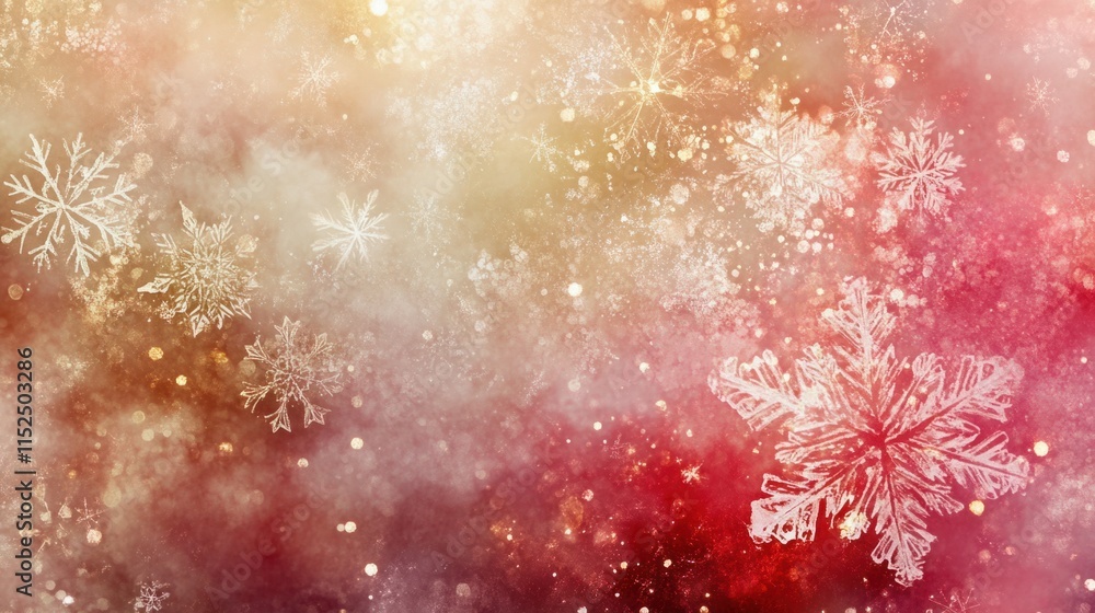 Poster a dreamy abstract christmas design with soft red and gold bokeh effects, accented by faint snowflake