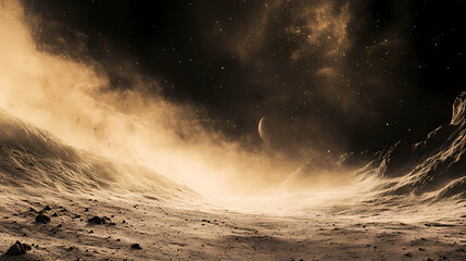 Cosmic chaos: panoramic view of lunar dust storm creating an ethereal atmosphere in space. Moondust. Illustration