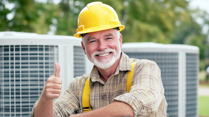 Caucasian elderly male hvac technician smiling with thumbs up near air conditioners