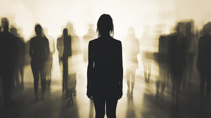 Crowd of people with one highlighted individual standing out, symbolizing the importance of individuality and standing tall amidst a sea of similarities