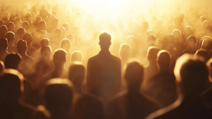Crowd of people with one highlighted individual standing out, symbolizing the importance of individuality and standing tall amidst a sea of similarities