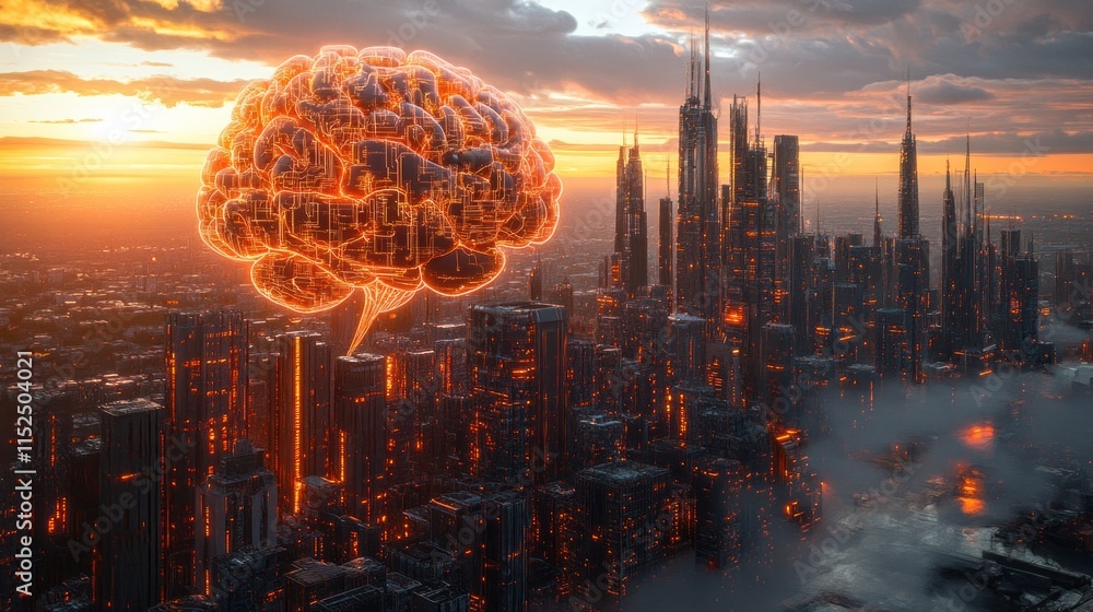 Poster futuristic cityscape with a glowing brain hovering above, symbolizing artificial intelligence and te