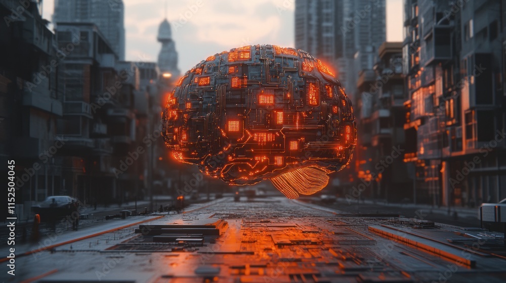 Poster futuristic cityscape with a glowing brain-shaped ai structure hovering above a street.