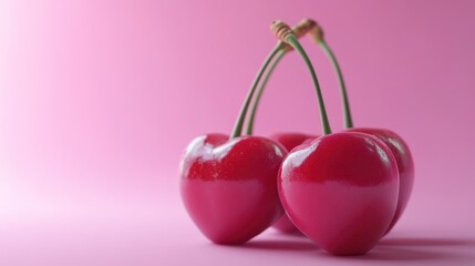 Three Cherries on Pink Background