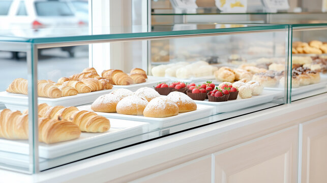 Delicious variety of fresh pastries displayed in modern bakery counter