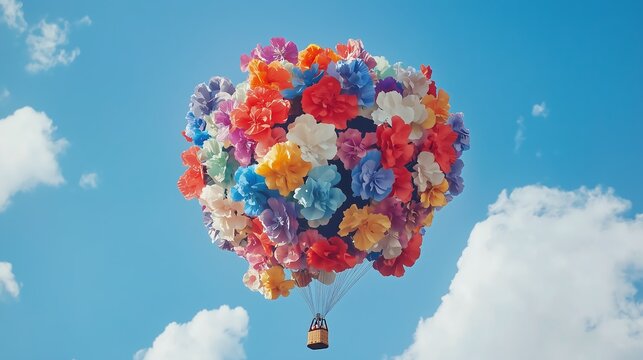 A colorful hot air balloon shaped like a bouquet of flowers floating against a bright blue sky.