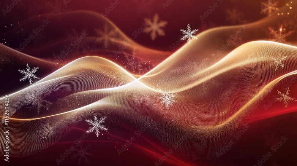 Poster a modern christmas background with abstract golden waves and soft white snowflakes on a deep red gra