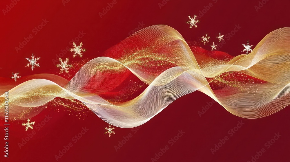 Poster a modern christmas background with abstract golden waves and soft white snowflakes on a deep red gra