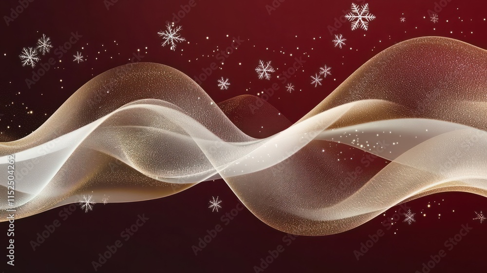 Poster a modern christmas background with abstract golden waves and soft white snowflakes on a deep red gra