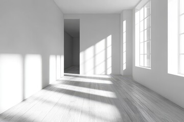 Sunlit empty white room with hardwood floor. (1)