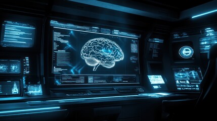 Futuristic control panel displays a digital brain scan.