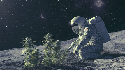 Astronaut examining cannabis plants on lunar surface. Moondust. Illustration