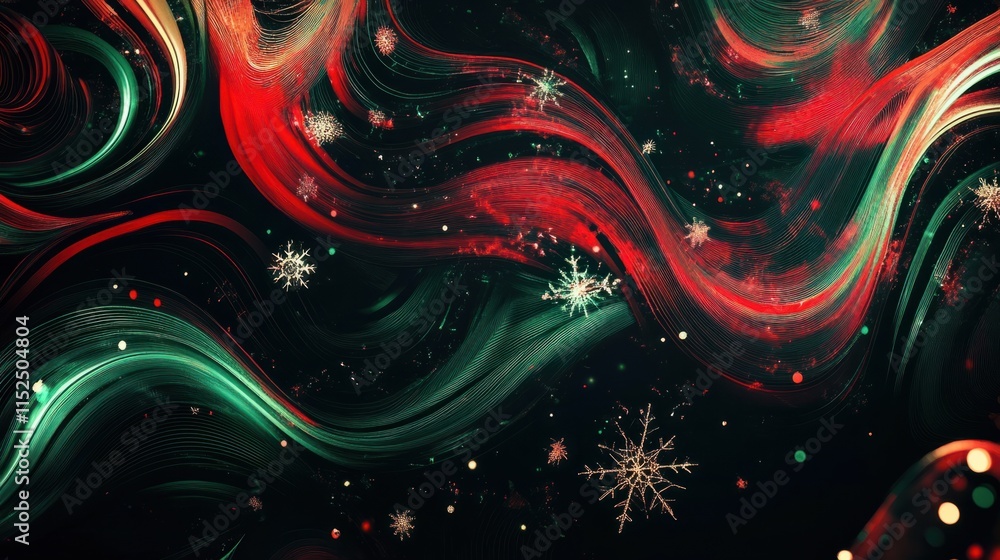 Poster a vibrant christmas abstract featuring swirling red and green patterns with a touch of glowing snowf
