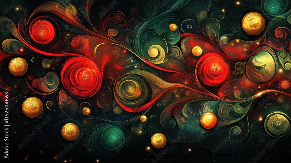 Fototapete a vibrant christmas background with swirling red and green patterns and glowing golden orbs over a d