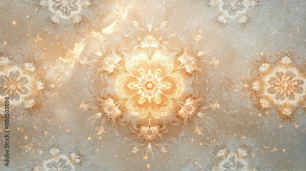 Poster an elegant christmas abstract featuring layered snowflake patterns with glowing effects on a soft gr