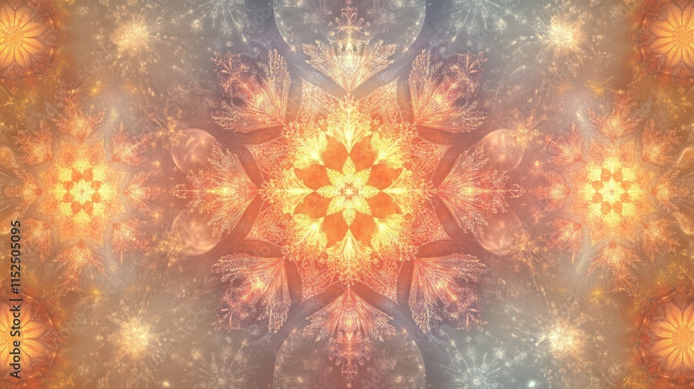 Poster an elegant christmas abstract featuring layered snowflake patterns with glowing effects on a soft gr