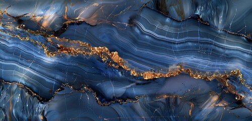 Blue marble surface with intricate layers of azure and a shimmering golden stripe. Bold and luxurious marble contrasts.