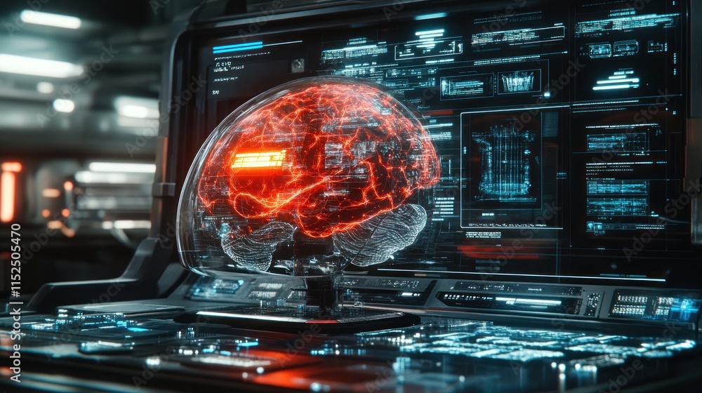 Poster futuristic digital brain scan displayed on a computer screen, showing neural activity and data analy